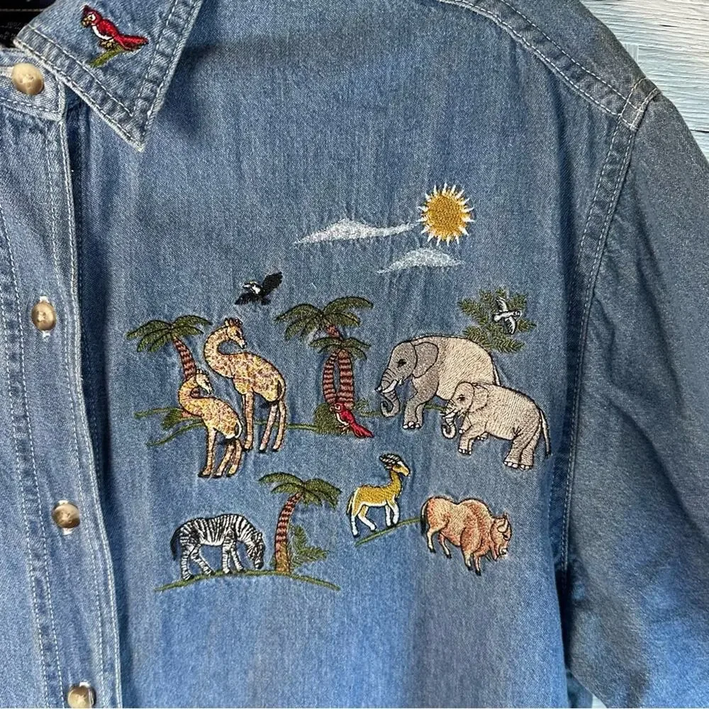 Lets Quizz Again vintage Women embroidered Noahs art denim button up cottagecore - Picture 3 of 11